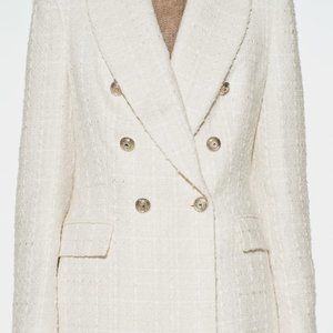 ZARA, WHITE DOUBLE BREASTED TEXTURED WEAVE JACKET, SIZE MEDIUM